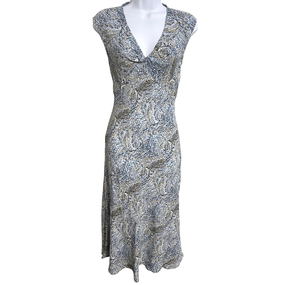 Vintage Y2K Limited 100% Silk Bias Cut Swirl Peacock Abstract Midi Dress Size 2